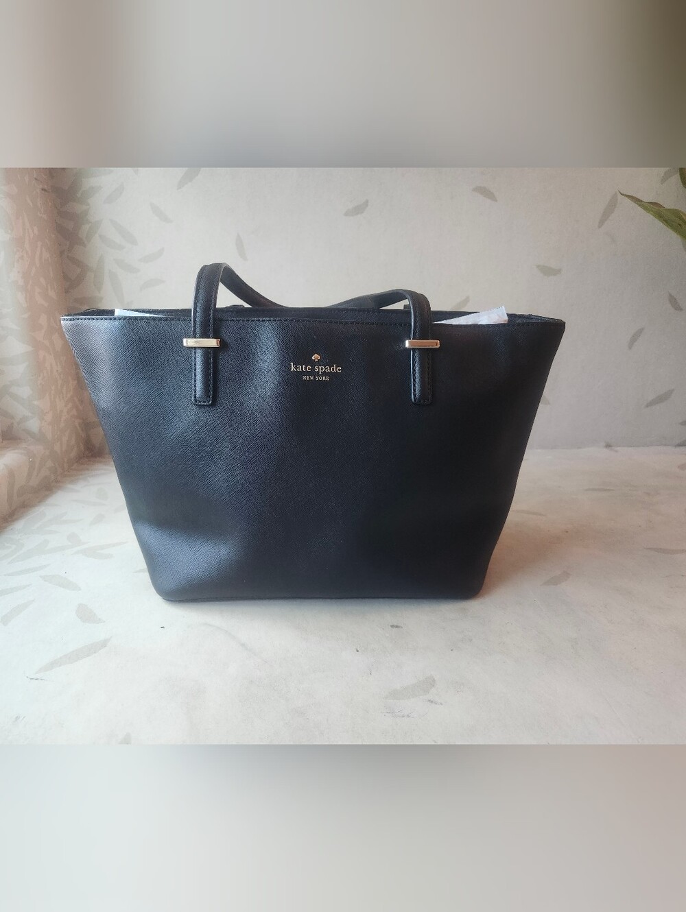 kate spade Black Leather Tote with Gold Accents